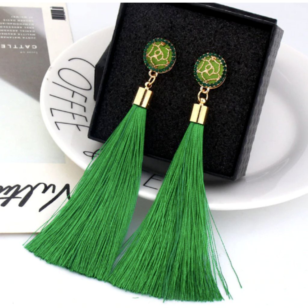 Rose Flower Green Gold Long Tassel Drop Earrings 21$